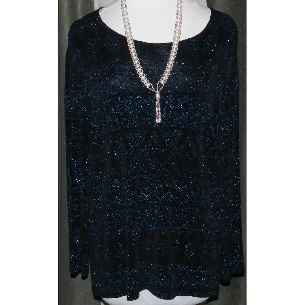 Glitter black turquoise stretch top 2X Soft Wear